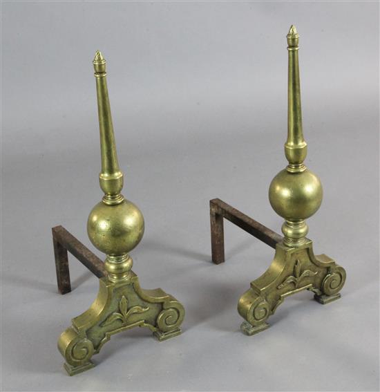 A pair of early 18th century style brass and wrought iron andirons H. 28in.